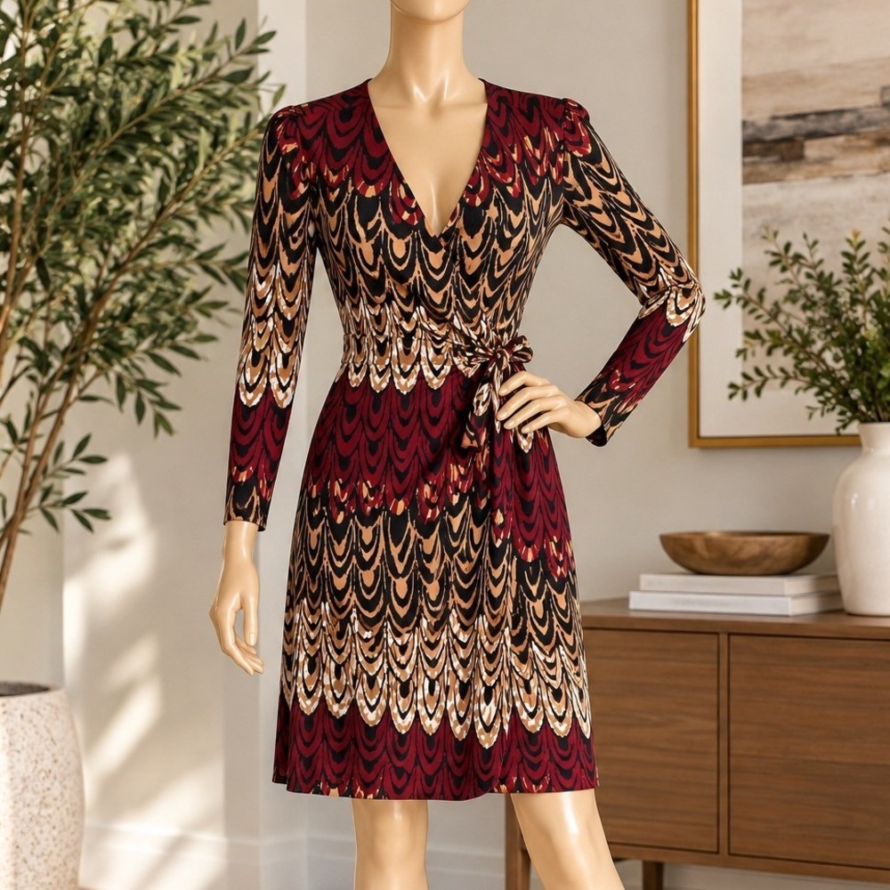 BCBGMAXAZRIA Womens Adele Wrap Dress Peacock Feather Print Camel Combo Medium